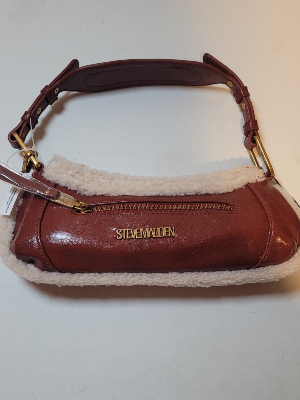 Steve Madden Chestnut Brown Leather Shoulder Bag with Cream Shearling Trim